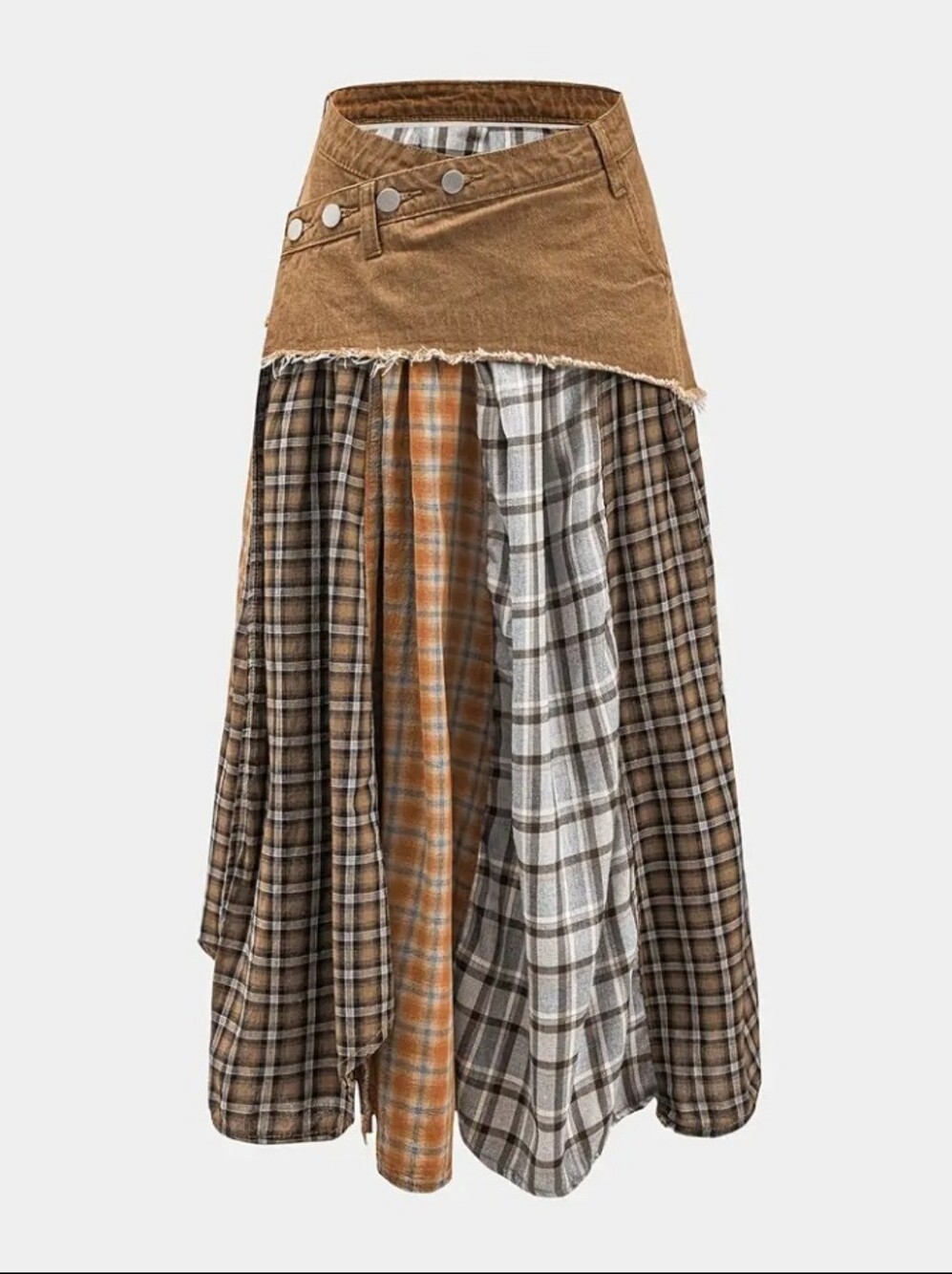 Women'S Skirt, Irregular Hem Style, Patchwork Plaid, Random Print, Asymmetrical